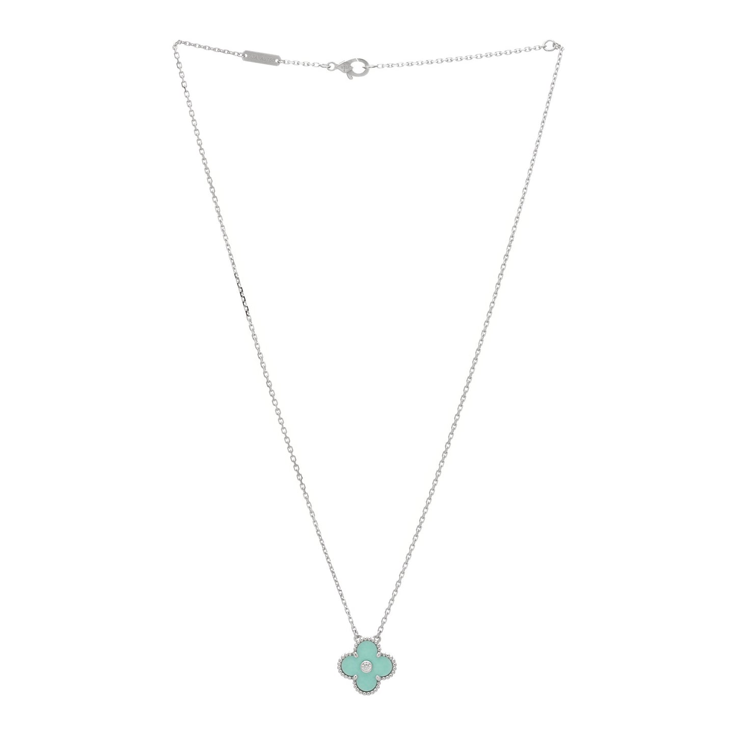 18K White Gold Diamond Celadon Green Sevres Porcelain Vintage Alhambra Pendant Necklace