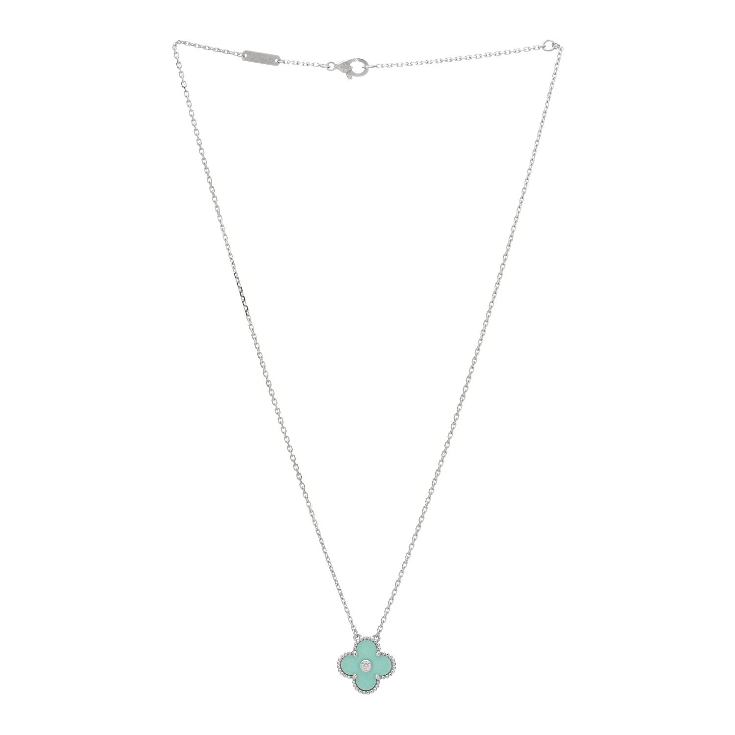 Van Cleef & Arpels 18K White Gold Diamond Celadon Green Sevres Porcelain Vintage Alhambra Pendant Necklace 3 of 5