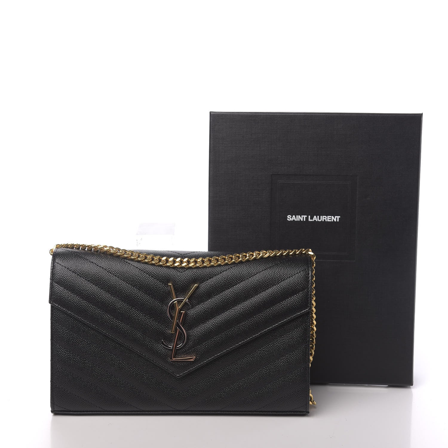 Saint Laurent Grain De Poudre Matelasse Chevron Tri-Metal Monogram Chain Wallet Black 11 of 11