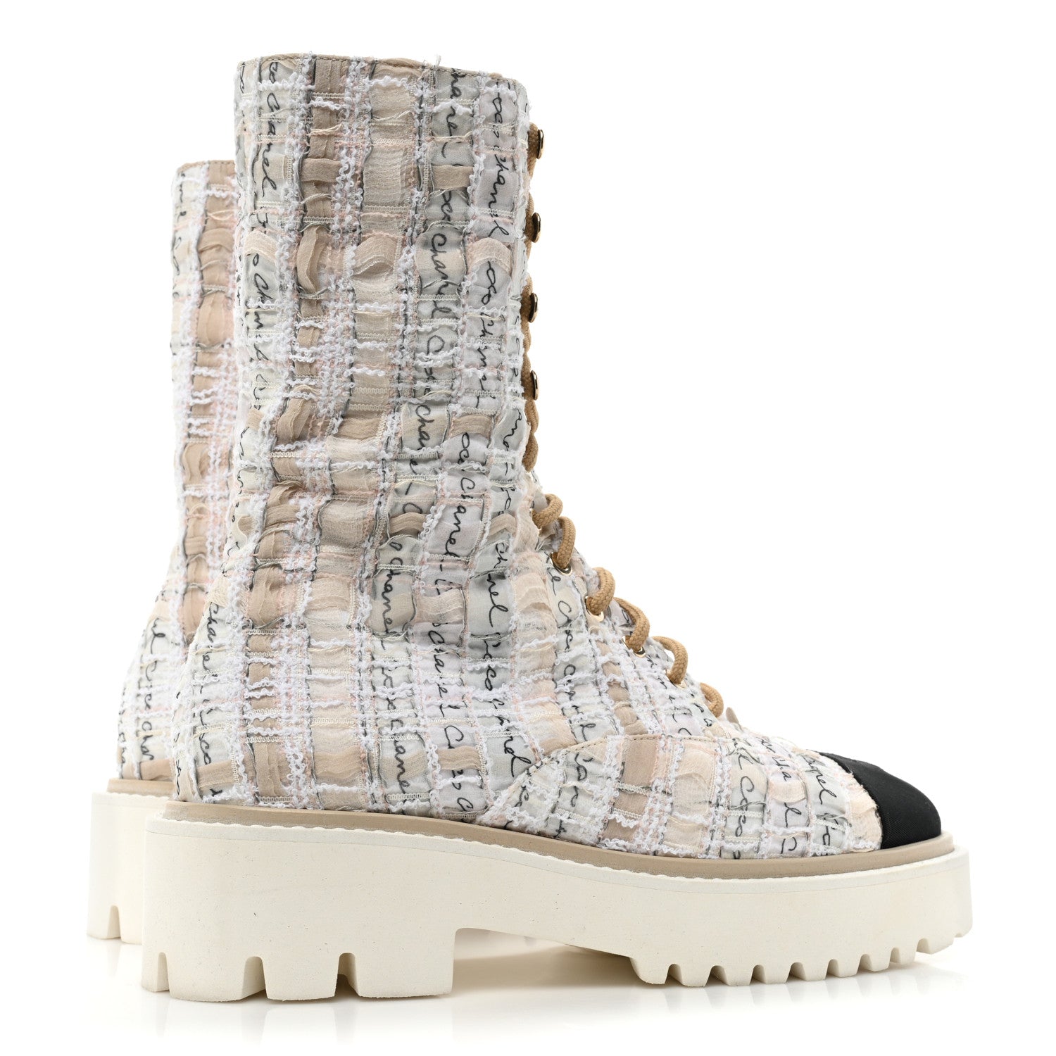 Chanel Tweed Grosgrain Cap Toe Lace Up Combat Boots 38.5 Multicolor 4 of 8