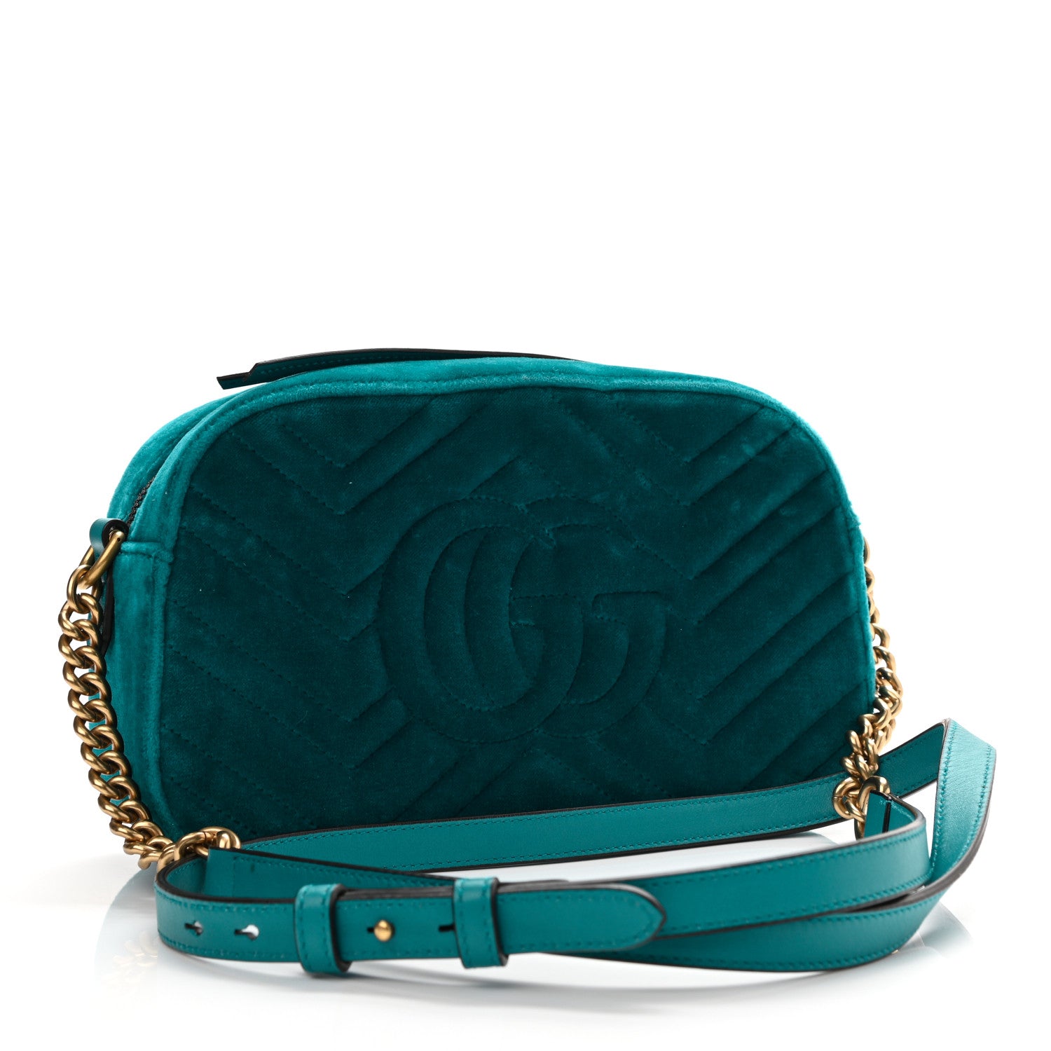 Gucci Velvet Matelasse Small GG Marmont Chain Shoulder Bag Pavone Cyan 3 of 10