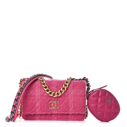 Chanel Wool Tweed Lambskin Quilted 19 Wallet On Chain WOC and Coin Purse Fuchsia 1 of 17
