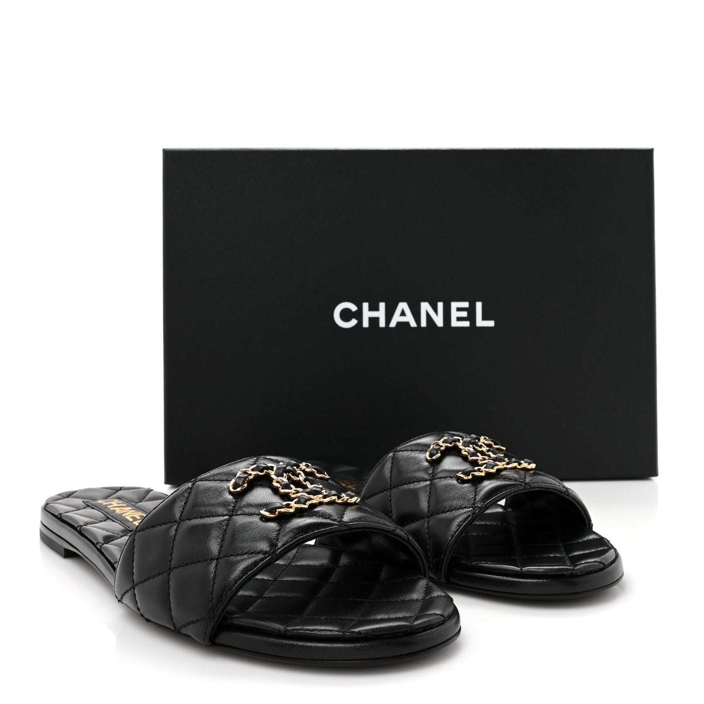 Shiny Goatskin Quilted CC Mules Sandals 40 Black
