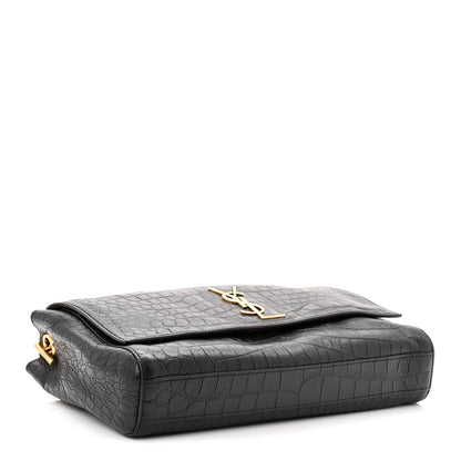 Saint Laurent Calfskin Crocodile Embossed Suede Medium Reversible Monogram Kate Satchel Military Taupe 6 of 17