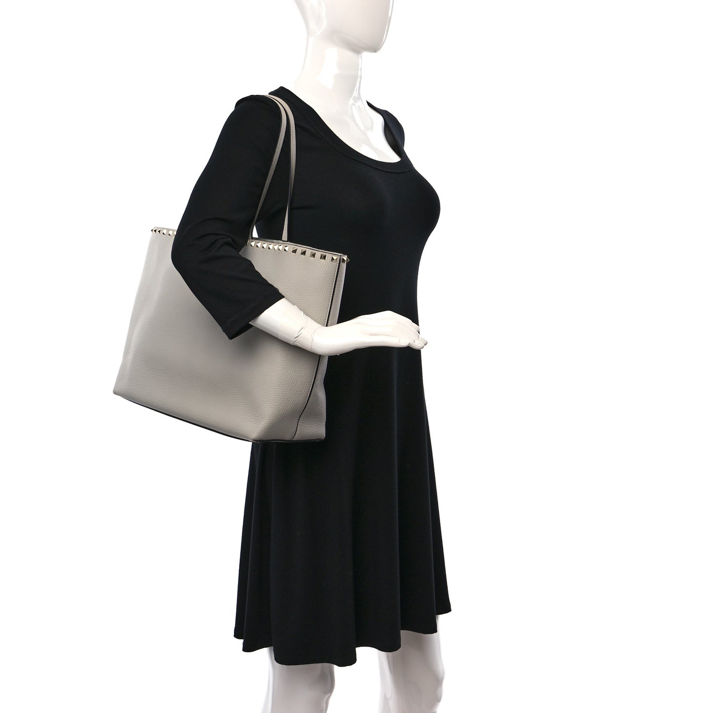 Grained Calfskin Rockstud Shoulder Tote Opal Grey