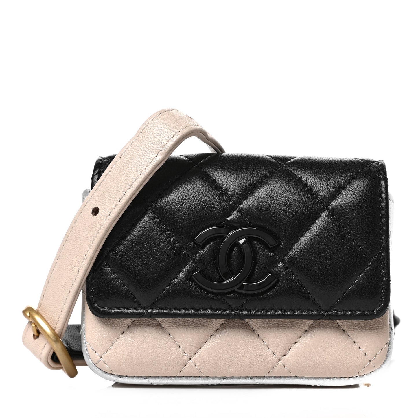 Lambskin Quilted Mini Chain Belt Bag Black Beige Multicolor
