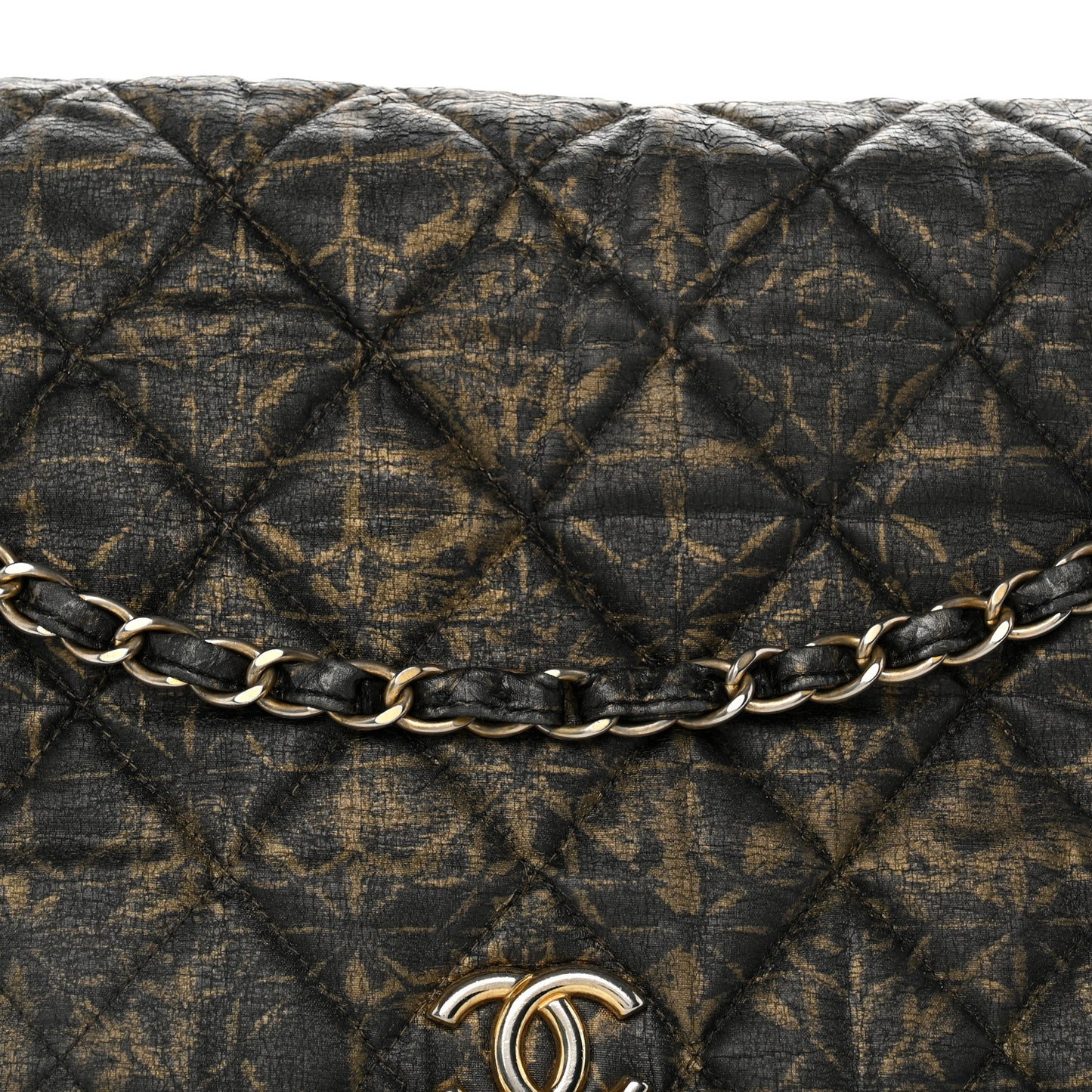 Nylon Printed Quilted Accordion Flap Black Gold