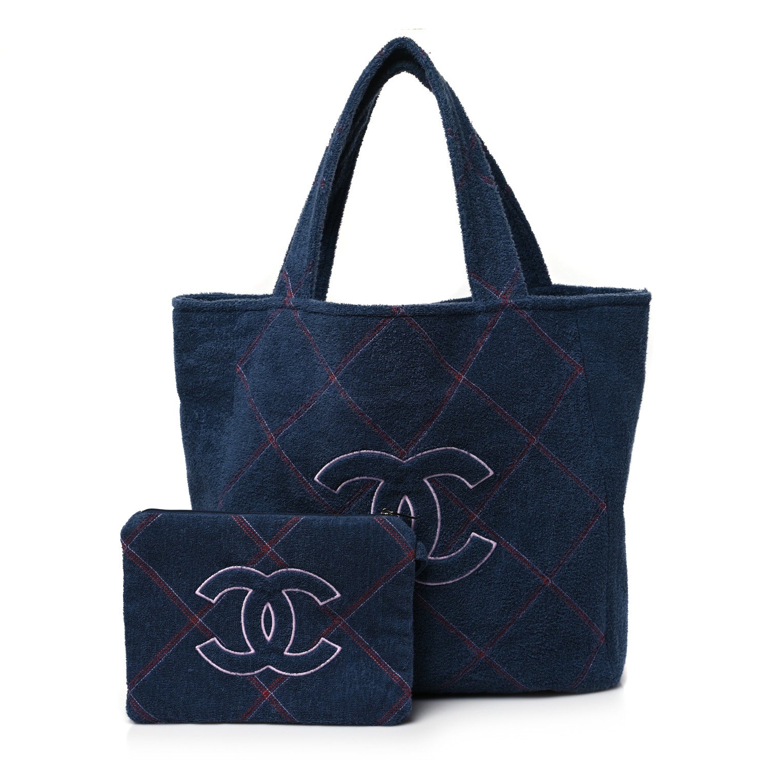 Chanel Terry Cotton Quilted CC Beach Tote Towel Set Blue Pink 1 of 10