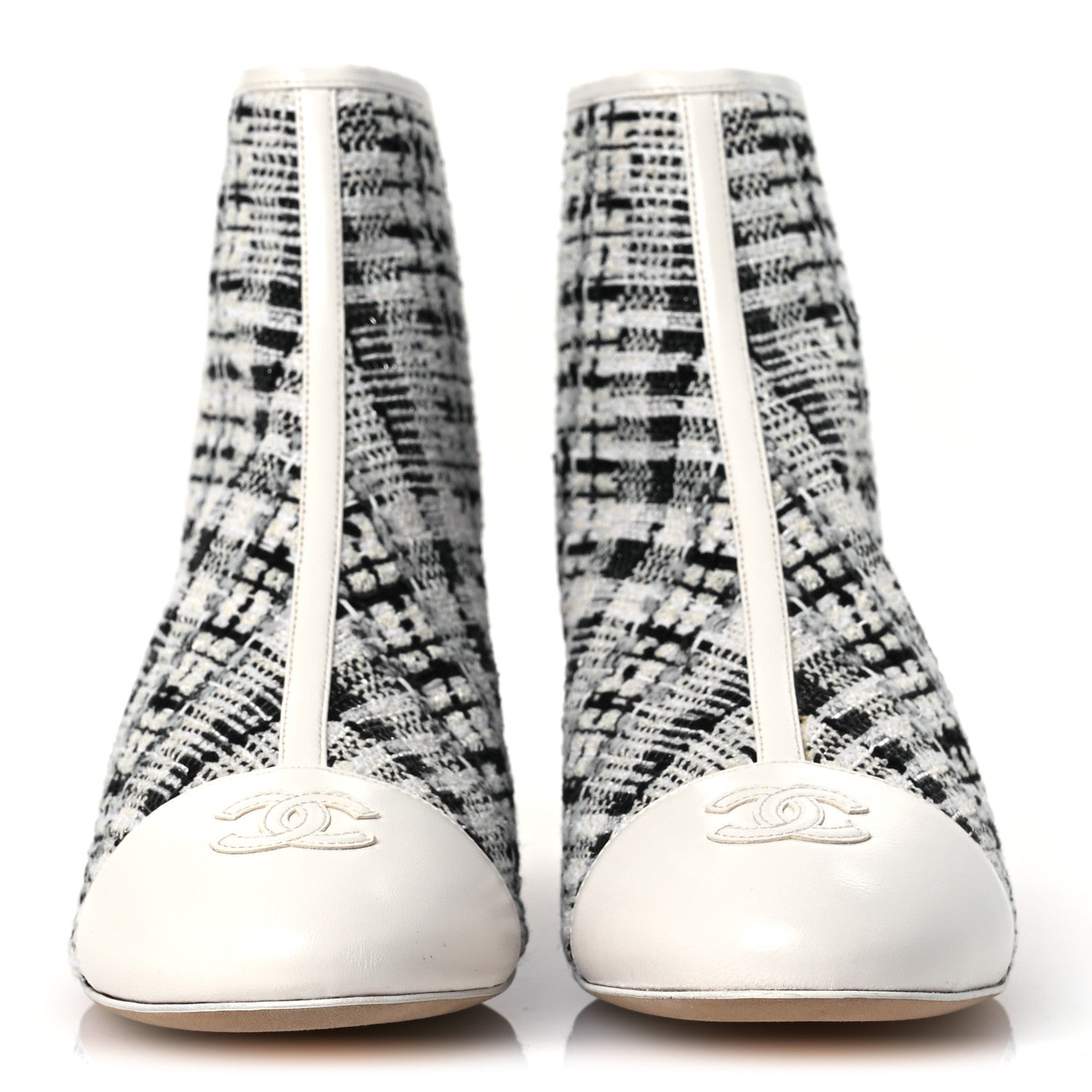 Chanel Tweed Lambskin Cap Toe CC Short Boots 38.5 White Black 3 of 12