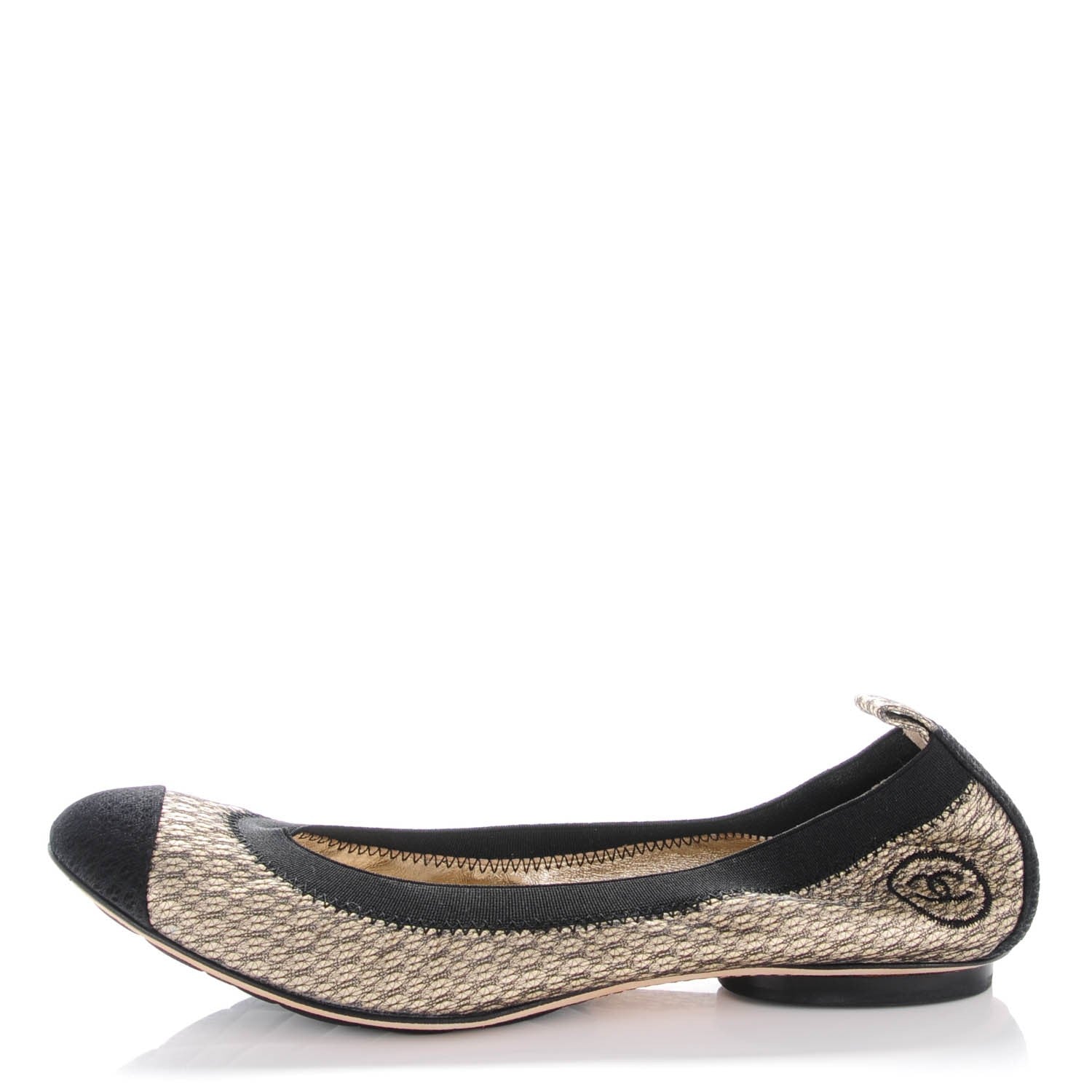 Chanel Metallic Lace Cap Toe Ballerina Flats 37.5 Black Gold 1 of 9