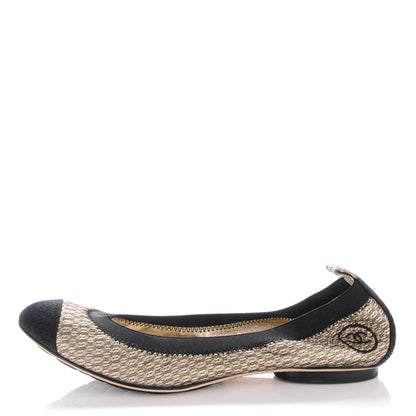 Chanel Metallic Lace Cap Toe Ballerina Flats 37.5 Black Gold 1 of 9