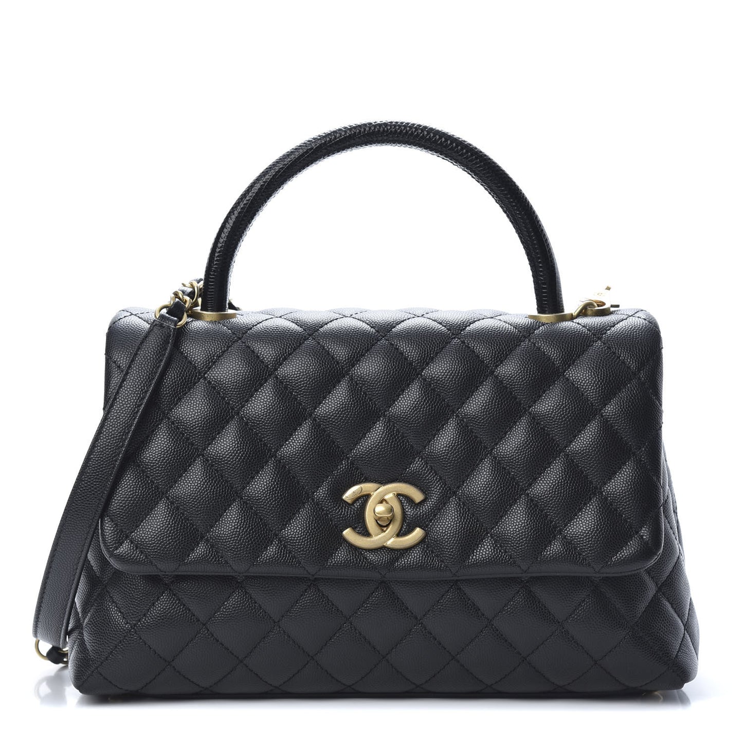 Caviar Lizard Embossed Quilted Small Coco Handle Flap Black