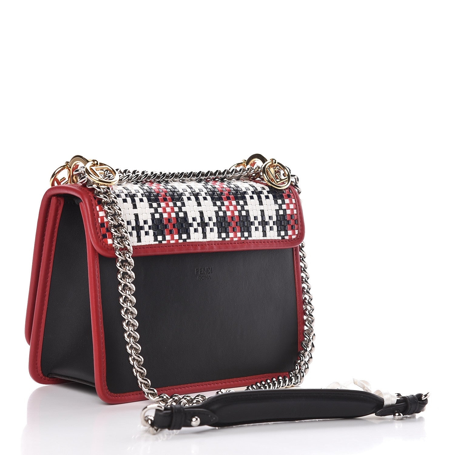 Fendi Calfskin F is Woven Tartan Small Kan I Shoulder Bag Black Fragola White 3 of 10
