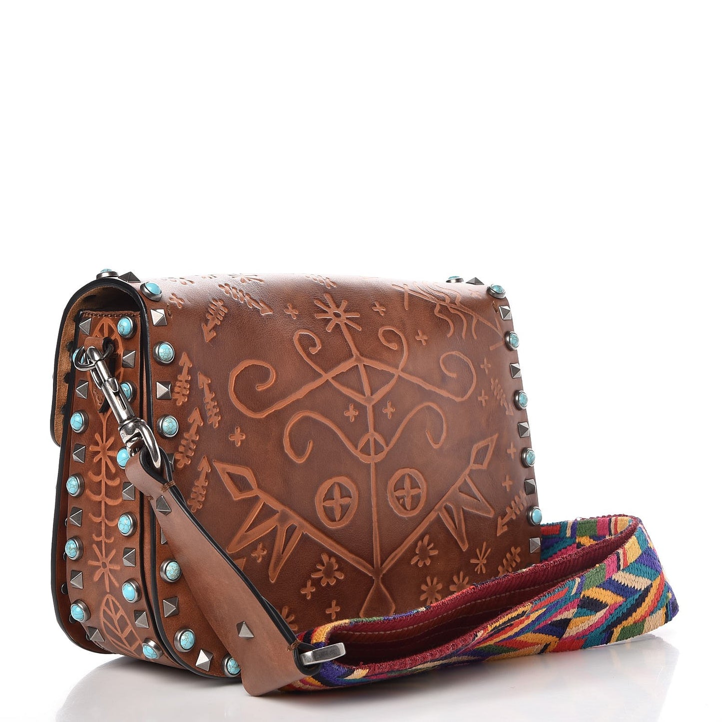 Calfskin Embossed Medium Guitar Strap Rockstud Rolling Flap Saddle Bag Tan