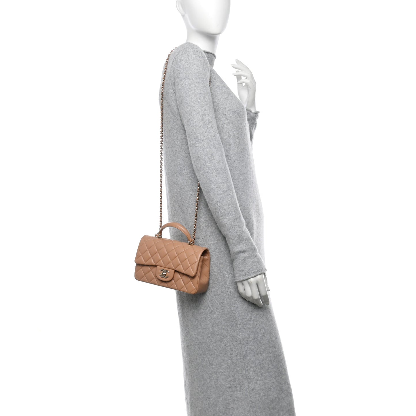 Lambskin Quilted Mini Top Handle Rectangular Flap Beige