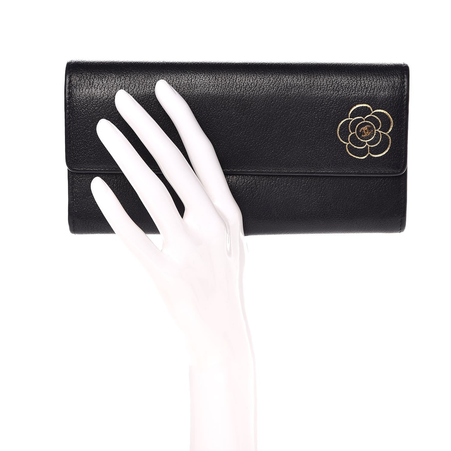 Chanel Goatskin Camellia Embossed Flap Wallet Black 2 of 15