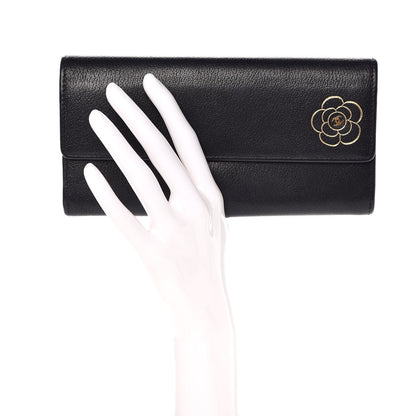 Chanel Goatskin Camellia Embossed Flap Wallet Black 2 of 15