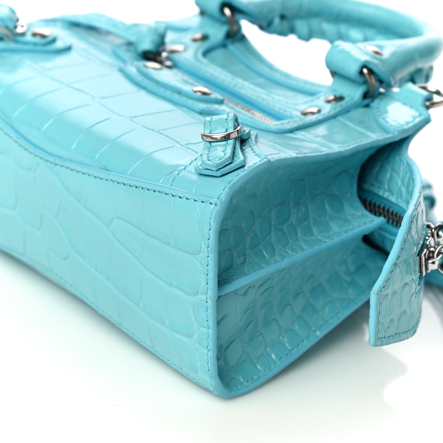 Calfskin Crocodile Embossed Neo Classic Silver Hardware Nano City Crossbody Azur
