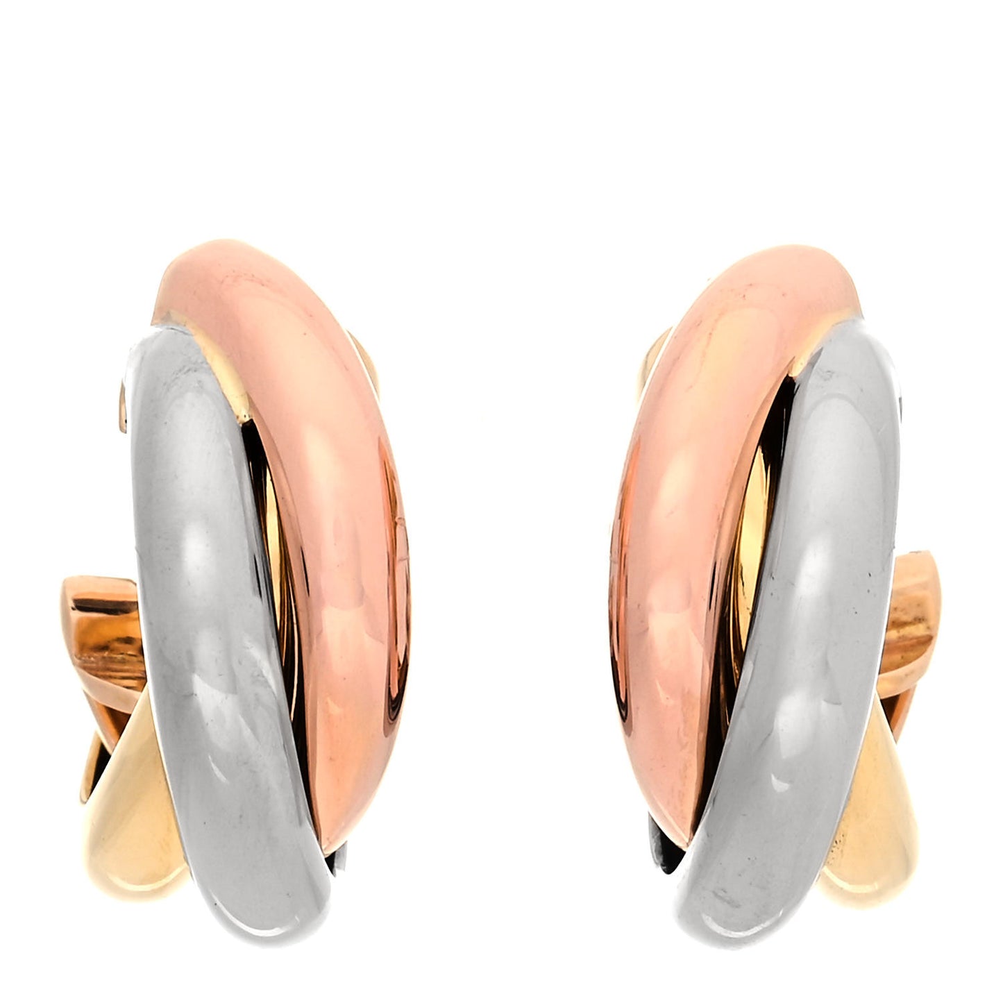 18K Pink Yellow White Gold 7.6mm Trinity Hoop Earrings