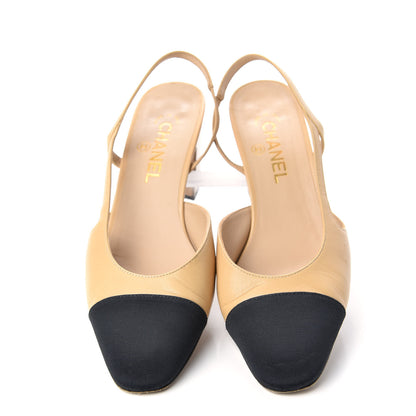 Chanel Goatskin Grosgrain Cap Toe CC Slingback Pumps 39.5 Beige Black 5 of 14