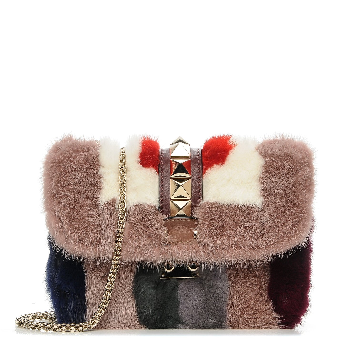 Mink Fur Colorblock Small Glam Lock Rockstud Flap Multicolor