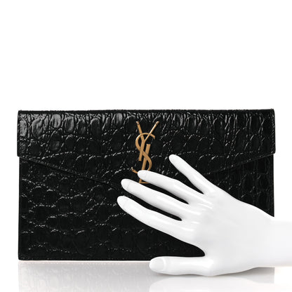 Saint Laurent Calfskin Crocodile Embossed Uptown Monogram Pouch Black 2 of 8