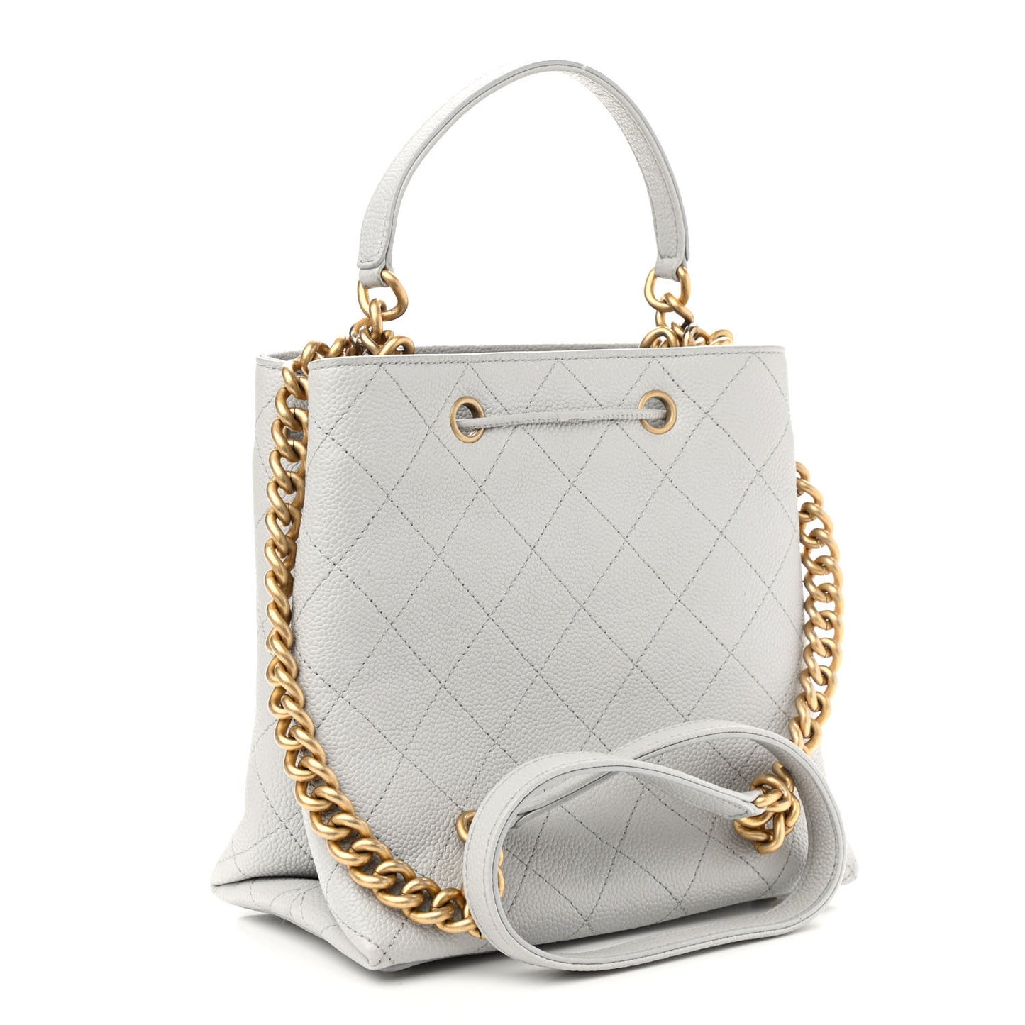 Caviar Diamond Stitched CC Bucket Drawstring Bag Light Grey