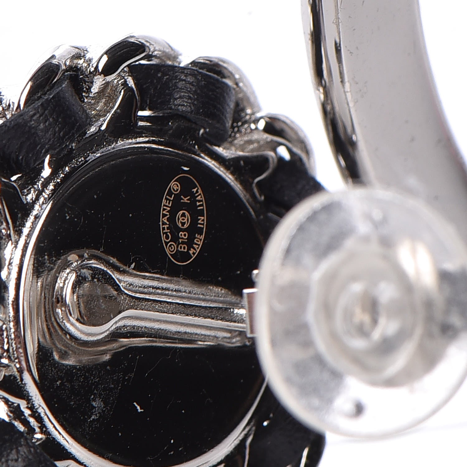 Chanel Crystal Lambskin Chain CC Hoop Clip On Earrings Black Silver 4 of 4