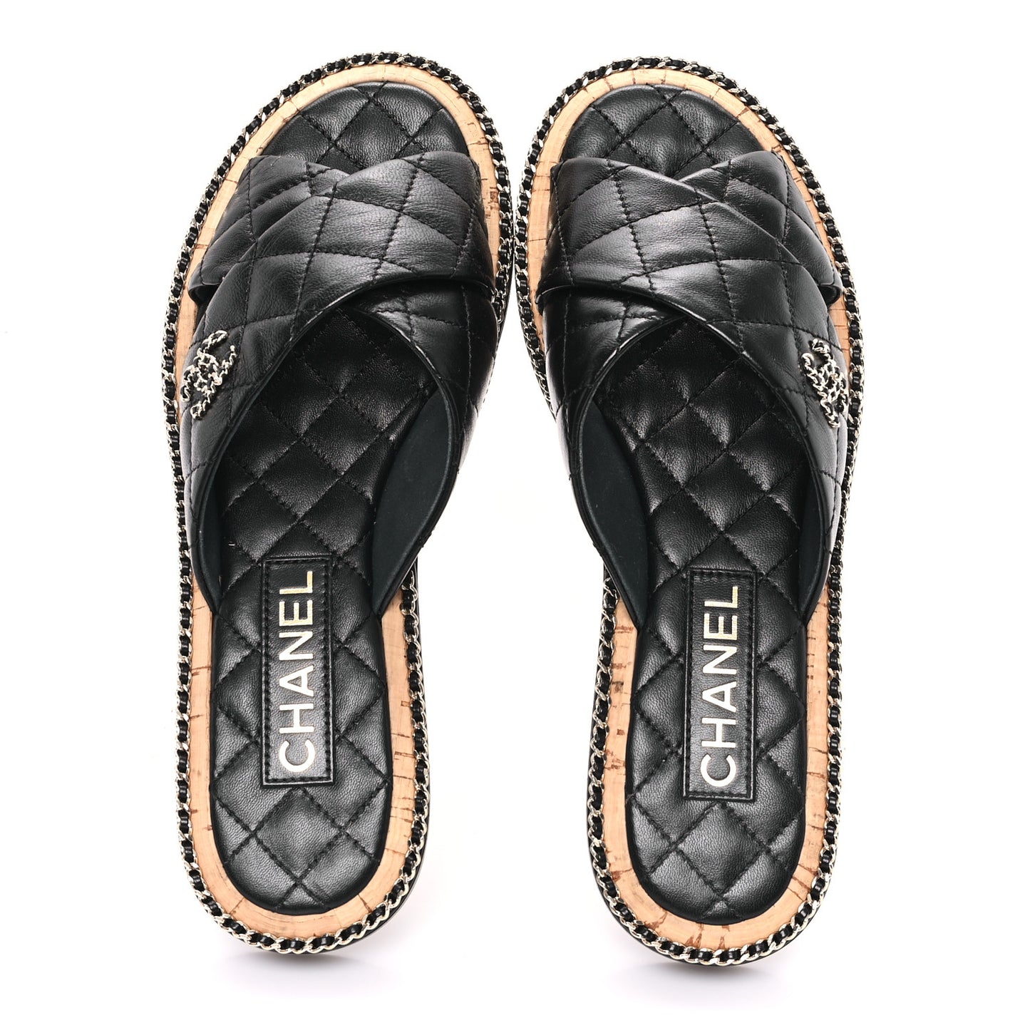 Lambskin Quilted Chain CC Sandals 39 Black