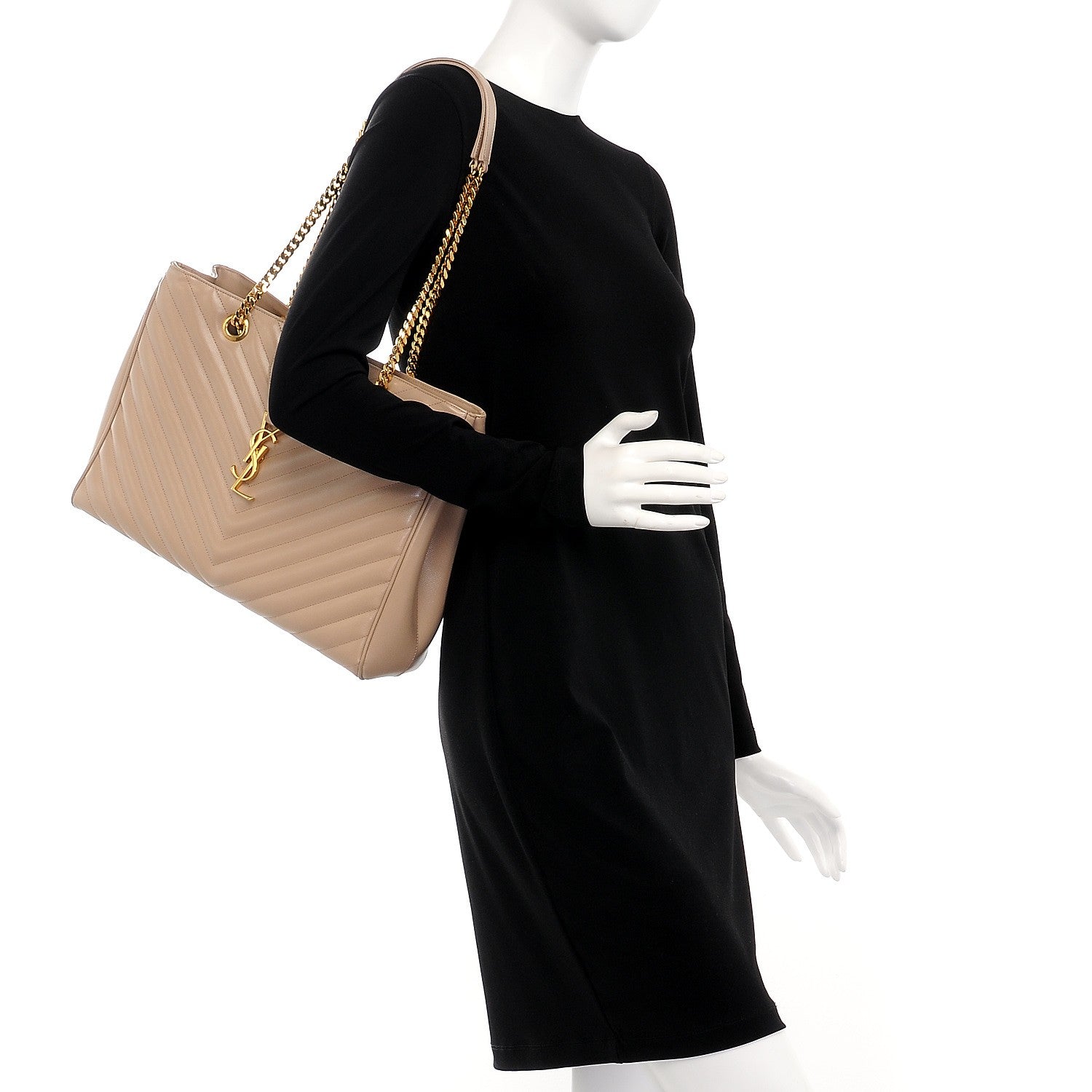 Saint Laurent Grain De Poudre Matelasse Chevron Monogram Shopping Bag Dark Beige 2 of 13