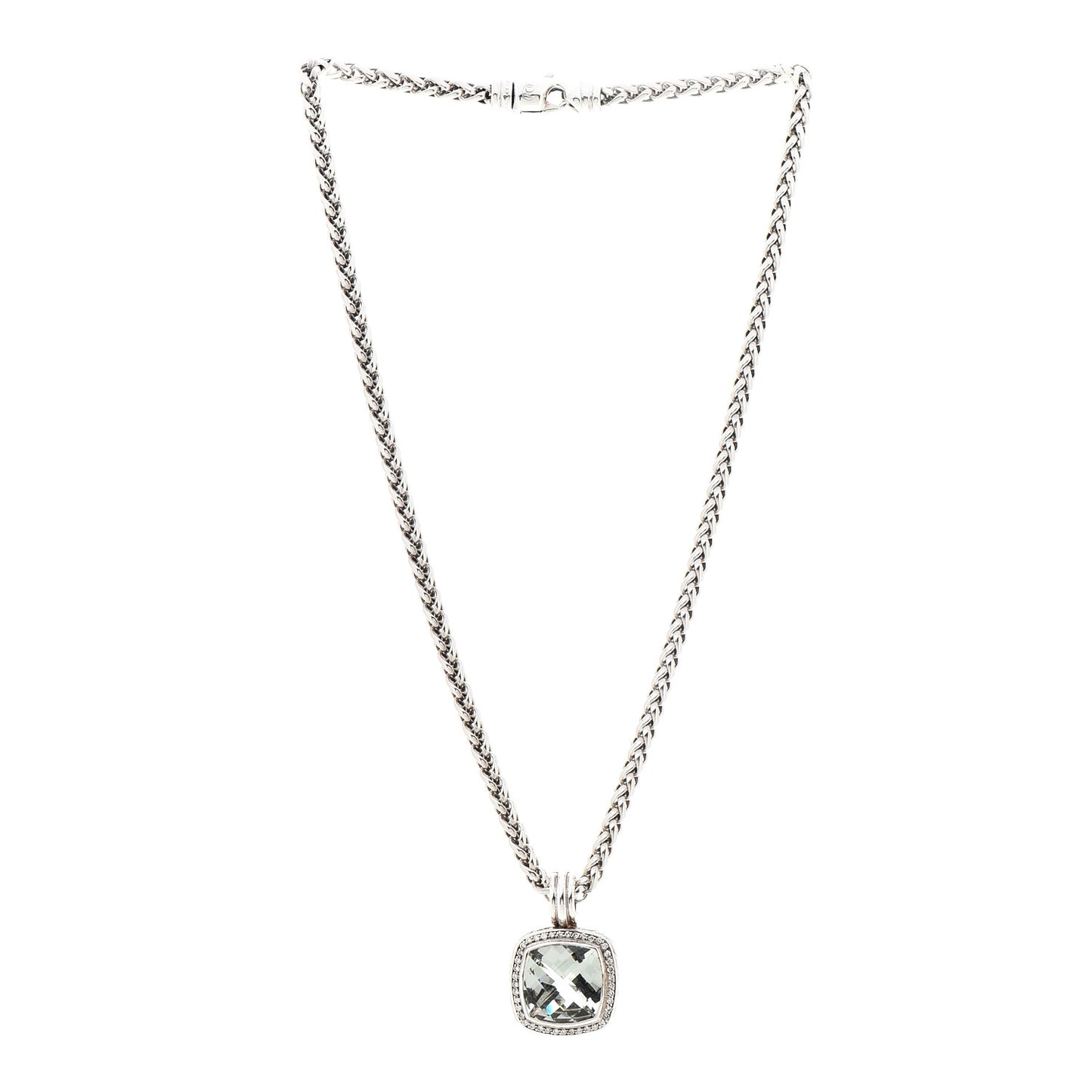 Sterling Silver Diamond Prasiolite 14mm Albion Pendant Necklace