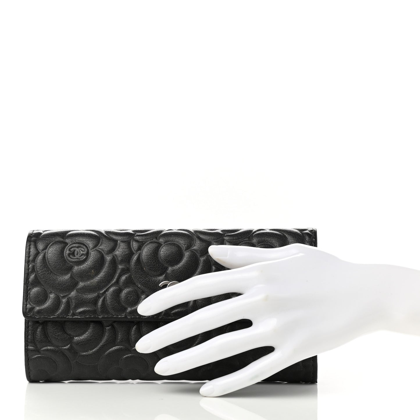 Goatskin Embossed Camellia Large Gusset Flap Wallet Black