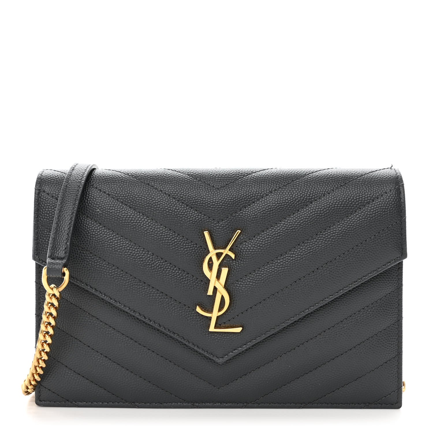 Saint Laurent Grain De Poudre Matelasse Chevron Monogram Envelope Chain Wallet Dark Smog 1 of 13