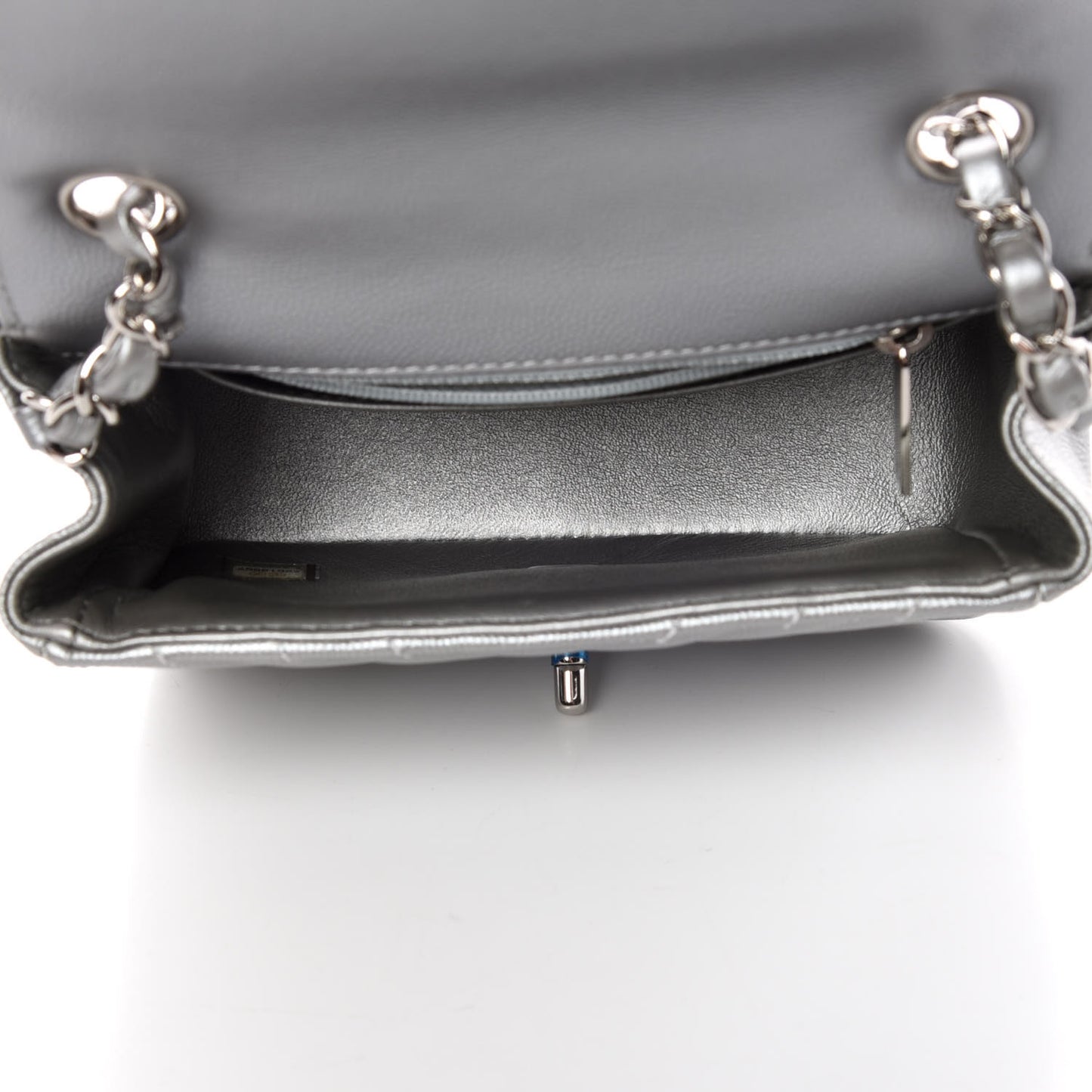 Metallic Caviar Chevron Quilted Mini Square Flap Silver