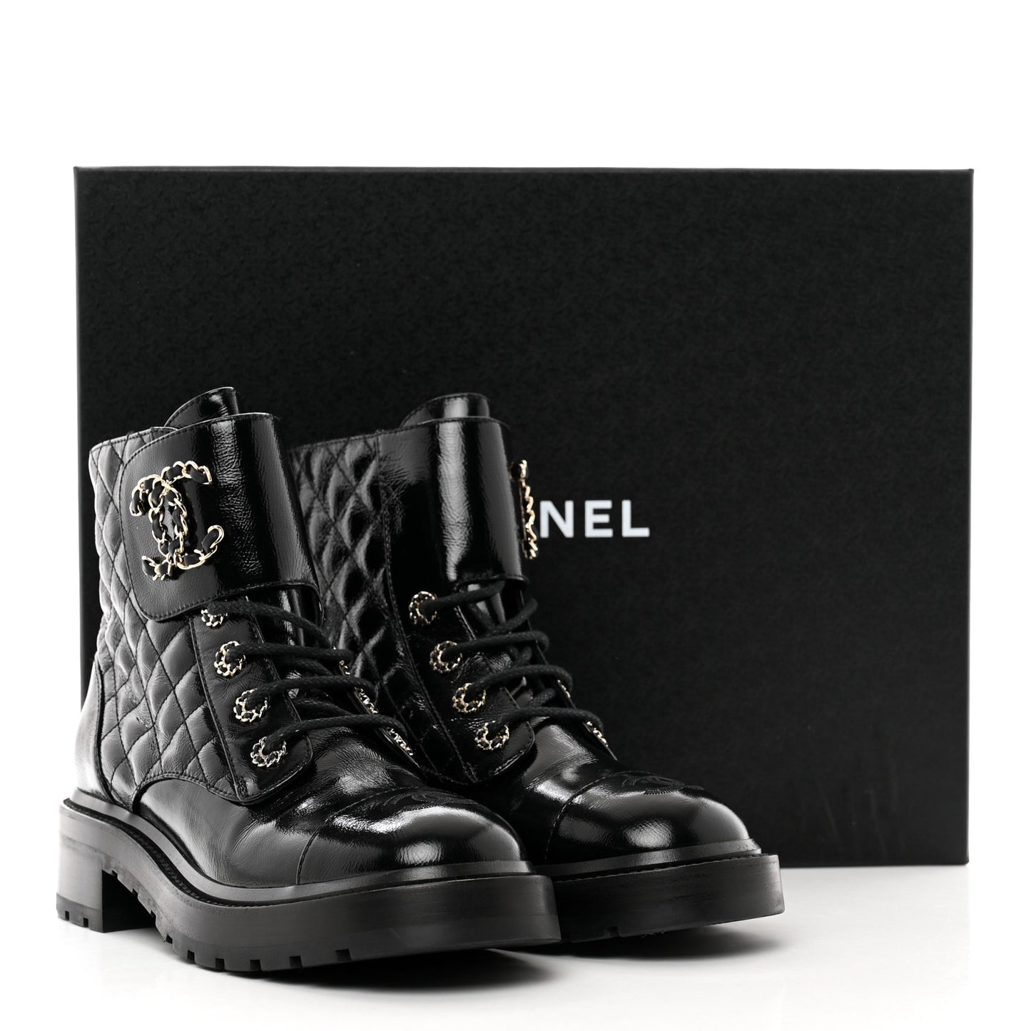 Shiny Calfskin Quilted Lace Up Combat Boots 38 Black