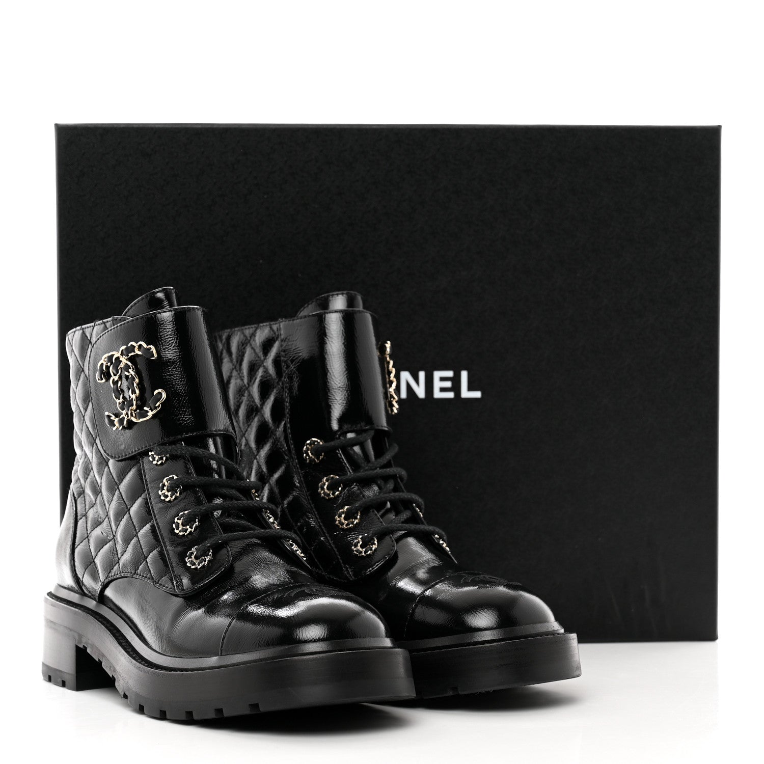 Chanel Shiny Calfskin Quilted Lace Up Combat Boots 38 Black 9 of 9