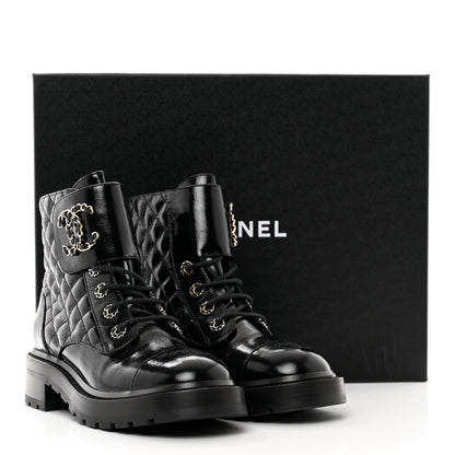 Chanel Shiny Calfskin Quilted Lace Up Combat Boots 38 Black 9 of 9