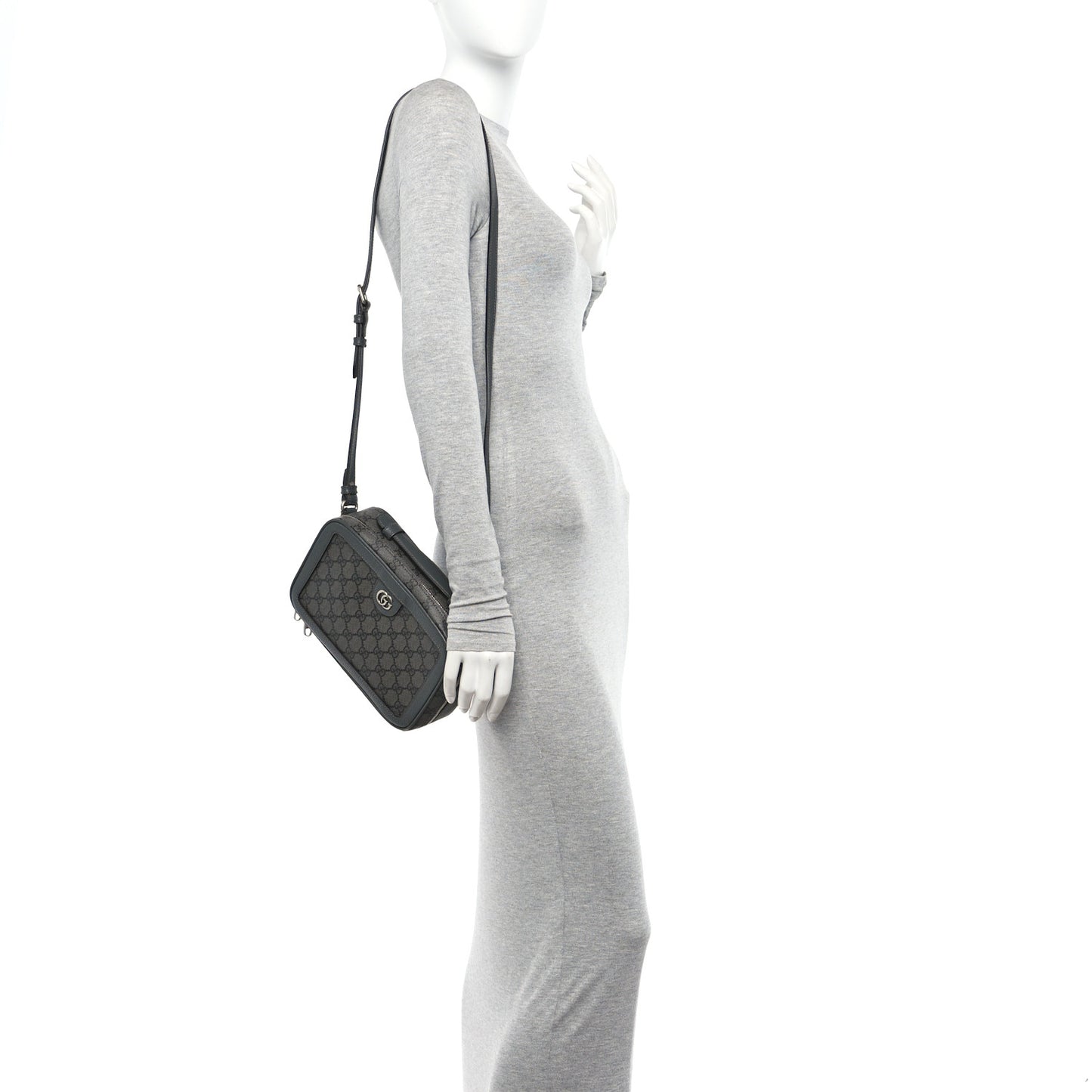 GG Supreme Monogram Textured Dollar Calfskin Small Ophidia Top Handle Shoulder Grey Black Graphite Grey