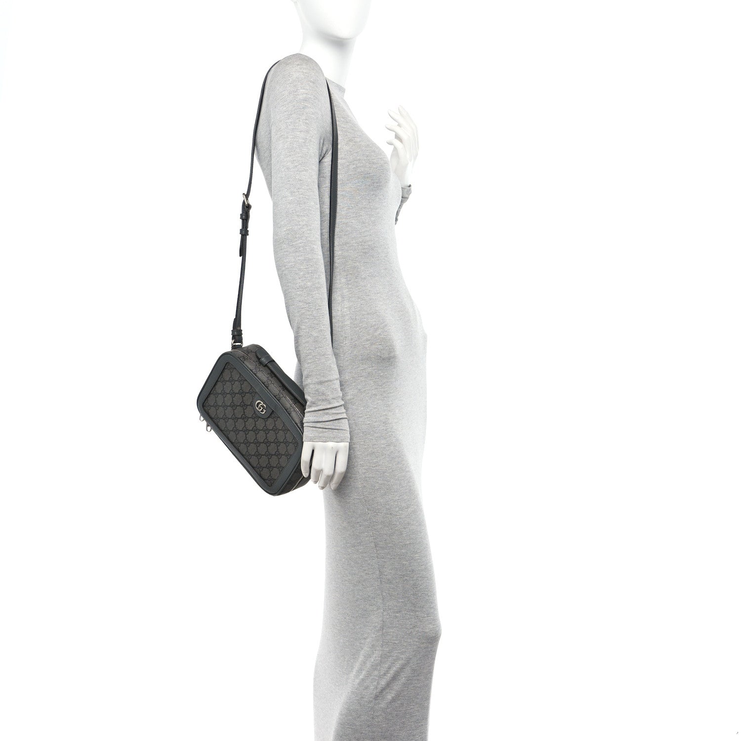 Gucci GG Supreme Monogram Textured Dollar Calfskin Small Ophidia Top Handle Shoulder Grey Black Graphite Grey 2 of 10