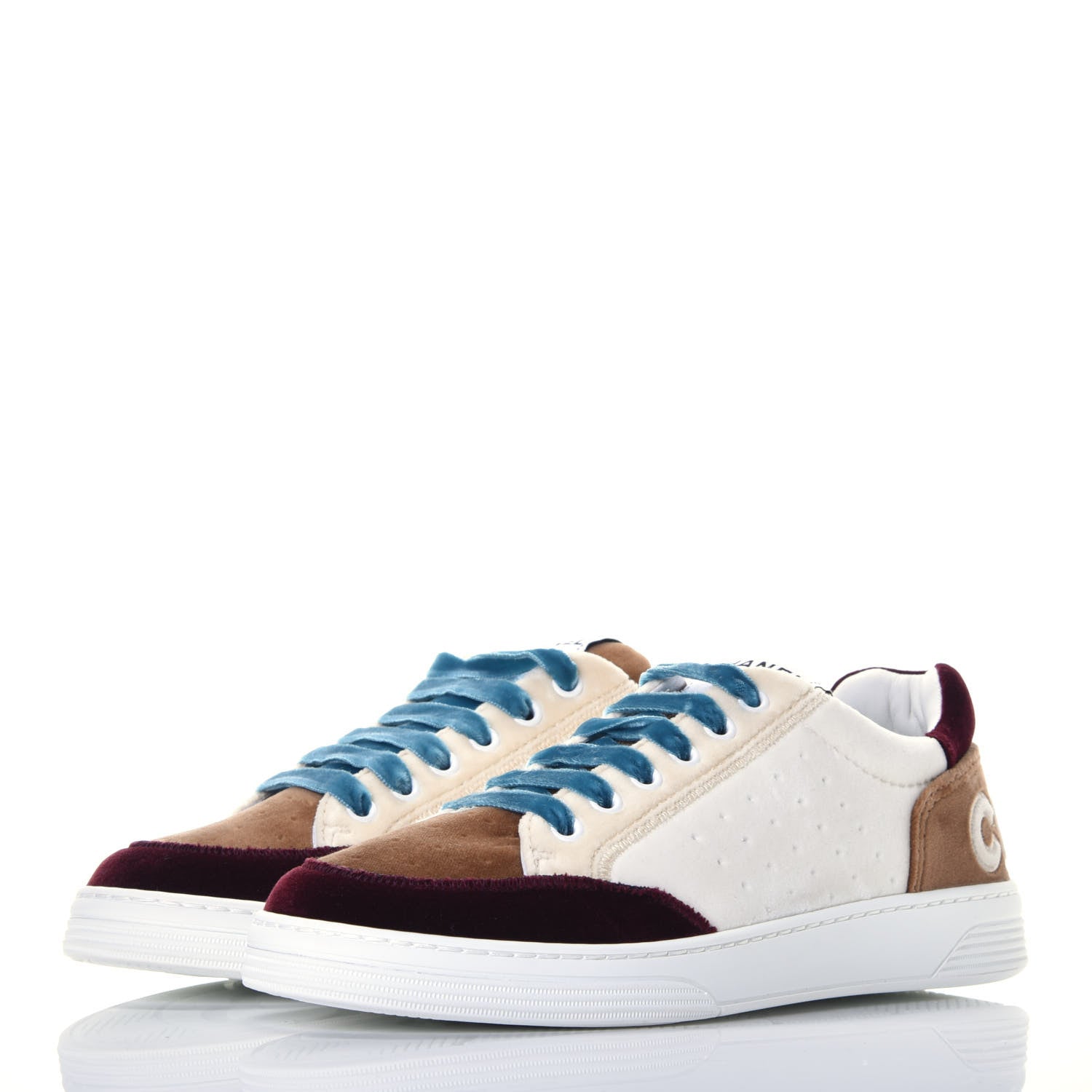 Chanel Calfskin Velvet Womens Logo Sneakers 38 White Beige Burgundy 3 of 10