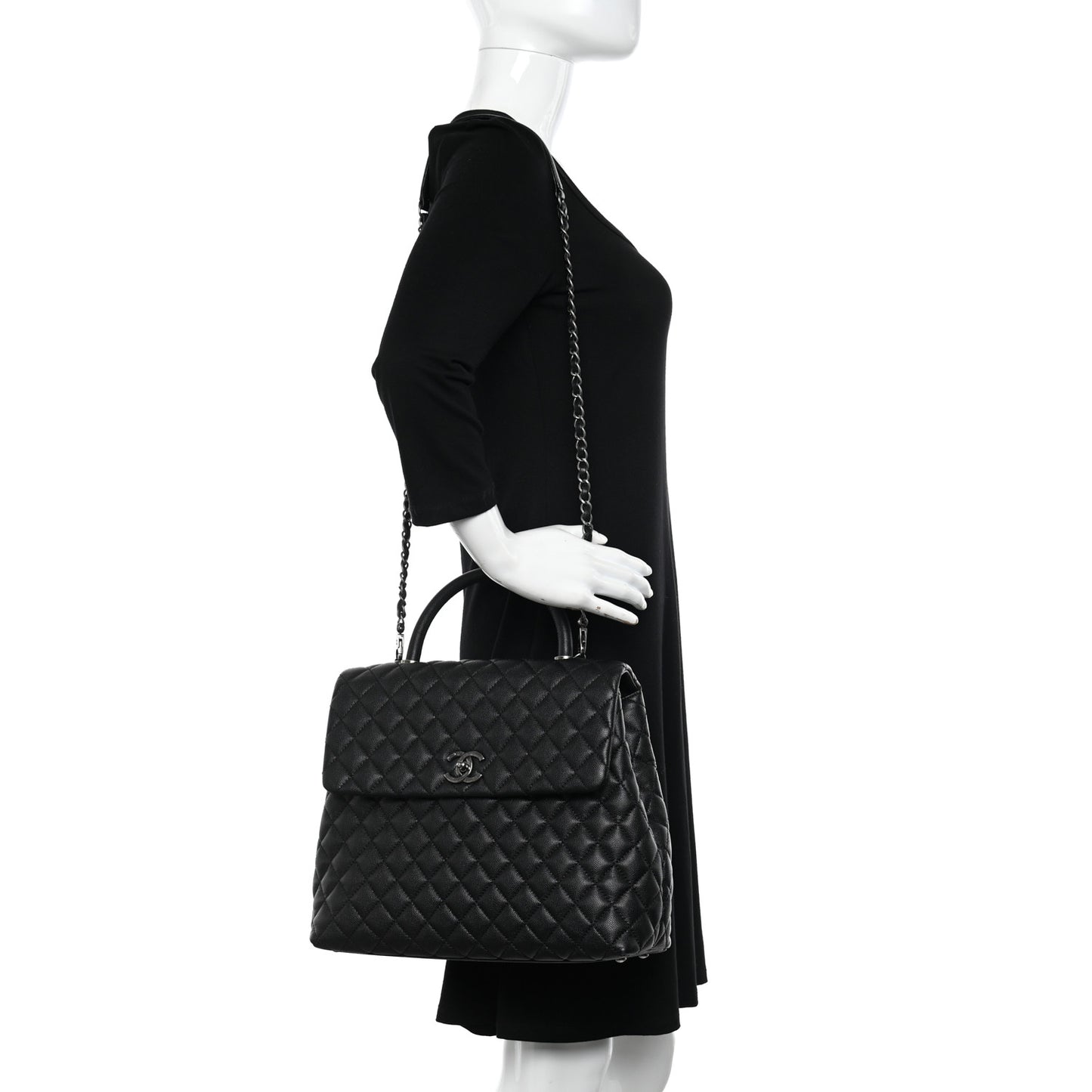 Caviar Quilted Large Coco Handle Flap Black