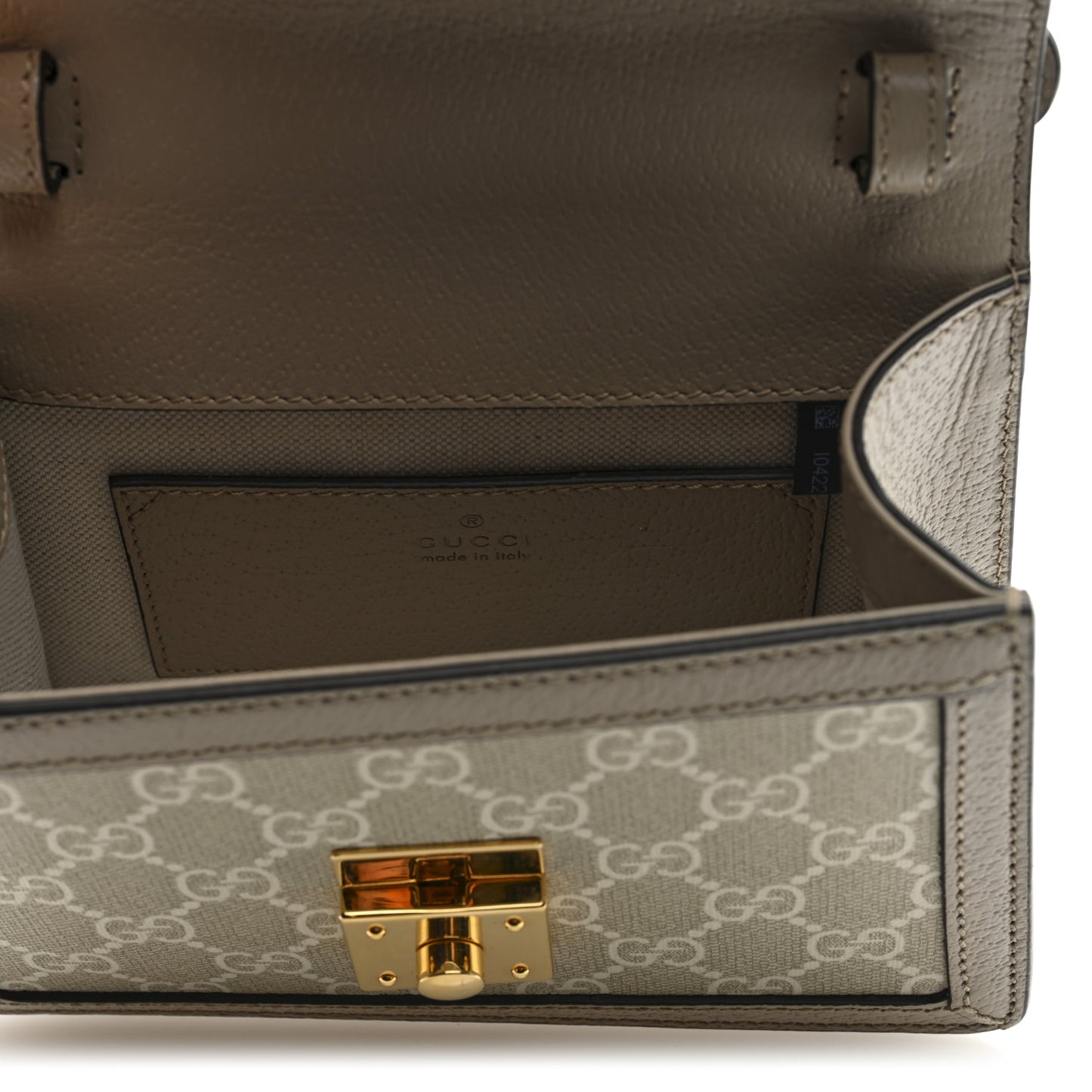 GG Supreme Monogram Textured Dollar Calfskin Web Mini Ophidia Padlock Top Handle Chain Shoulder Bag Beige Mystic White Oatmeal