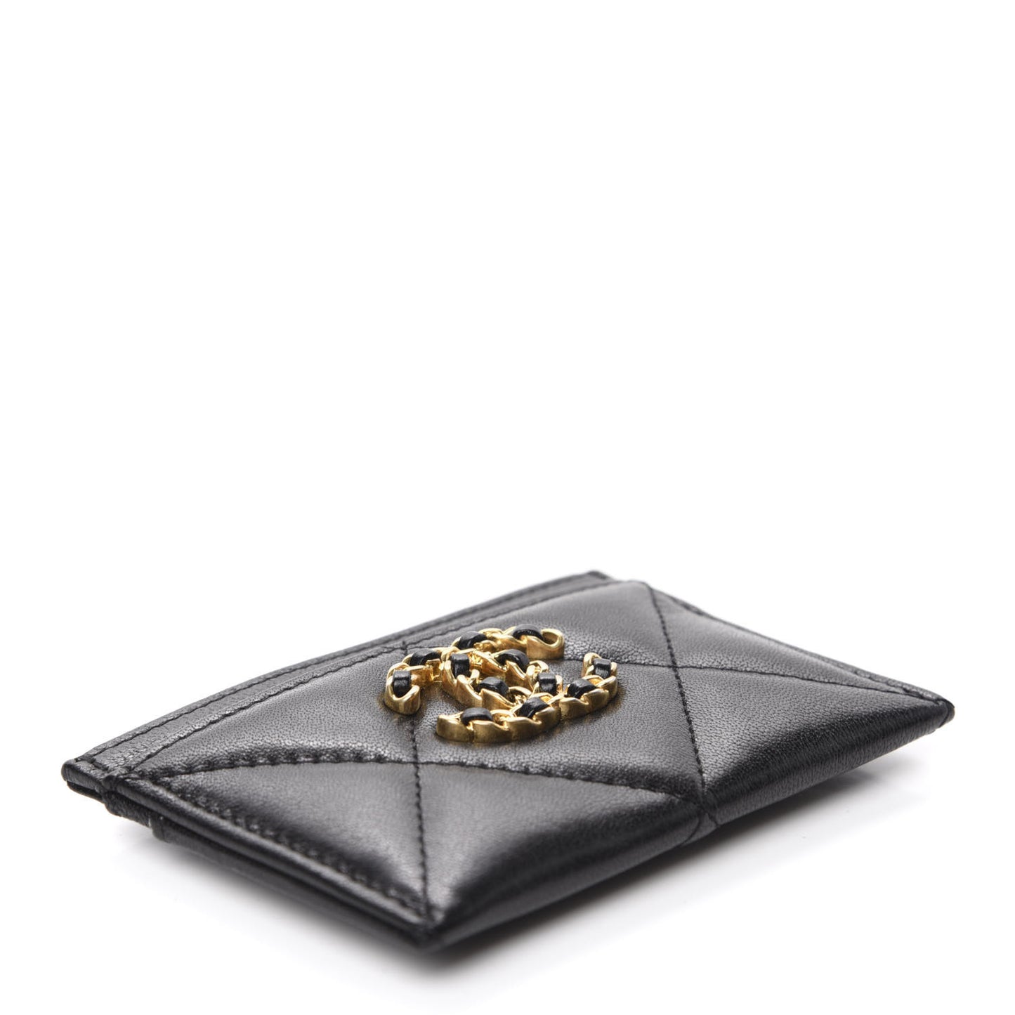 Shiny Goatskin Quilted Chanel 19 Card Holder Black