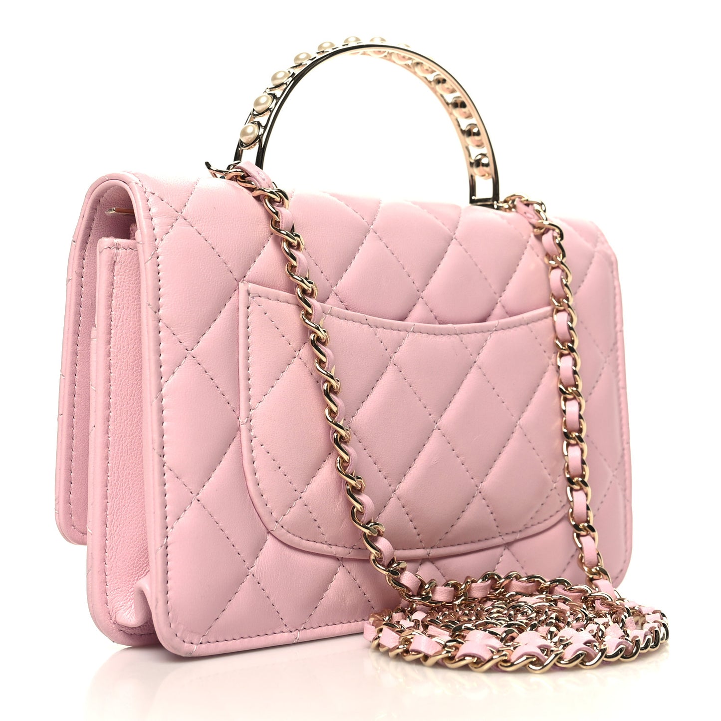 Lambskin Quilted Pearl Top Handle Wallet On Chain WOC Light Pink