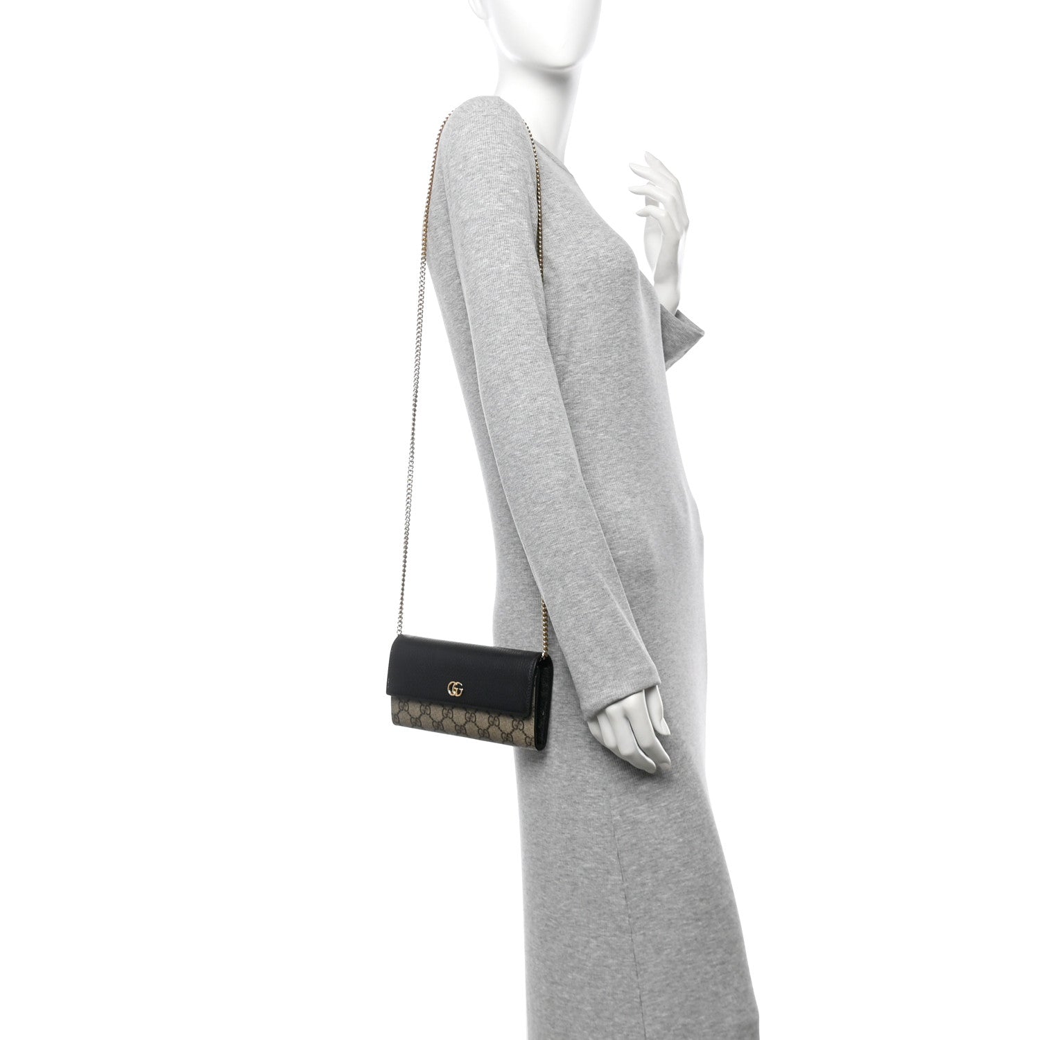 Gucci Dollar Calfskin GG Supreme Monogram Petite GG Marmont Wallet Chain Bag Black Beige Ebony 2 of 13