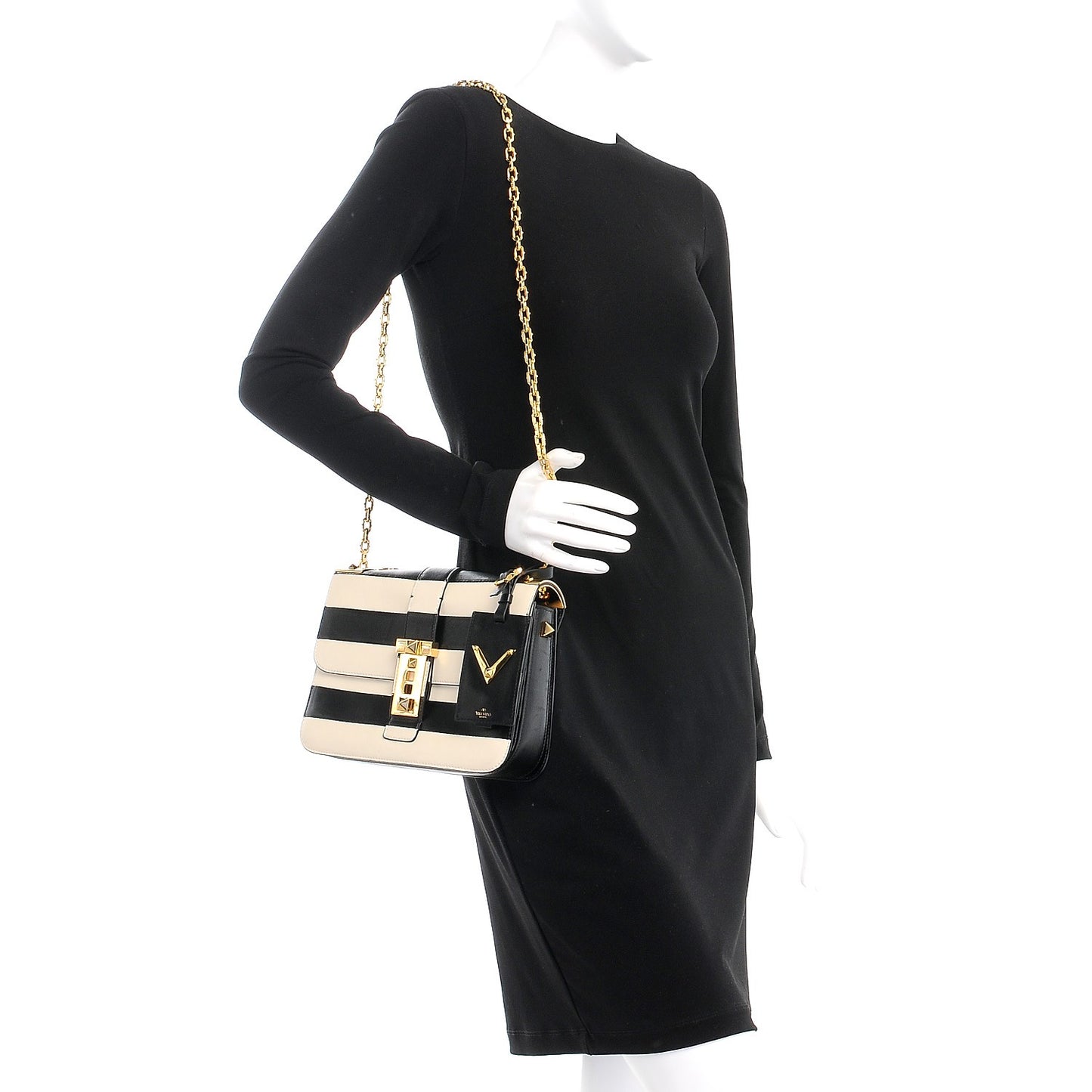 Nappa Striped B-Rockstud Flap Black Light Ivory