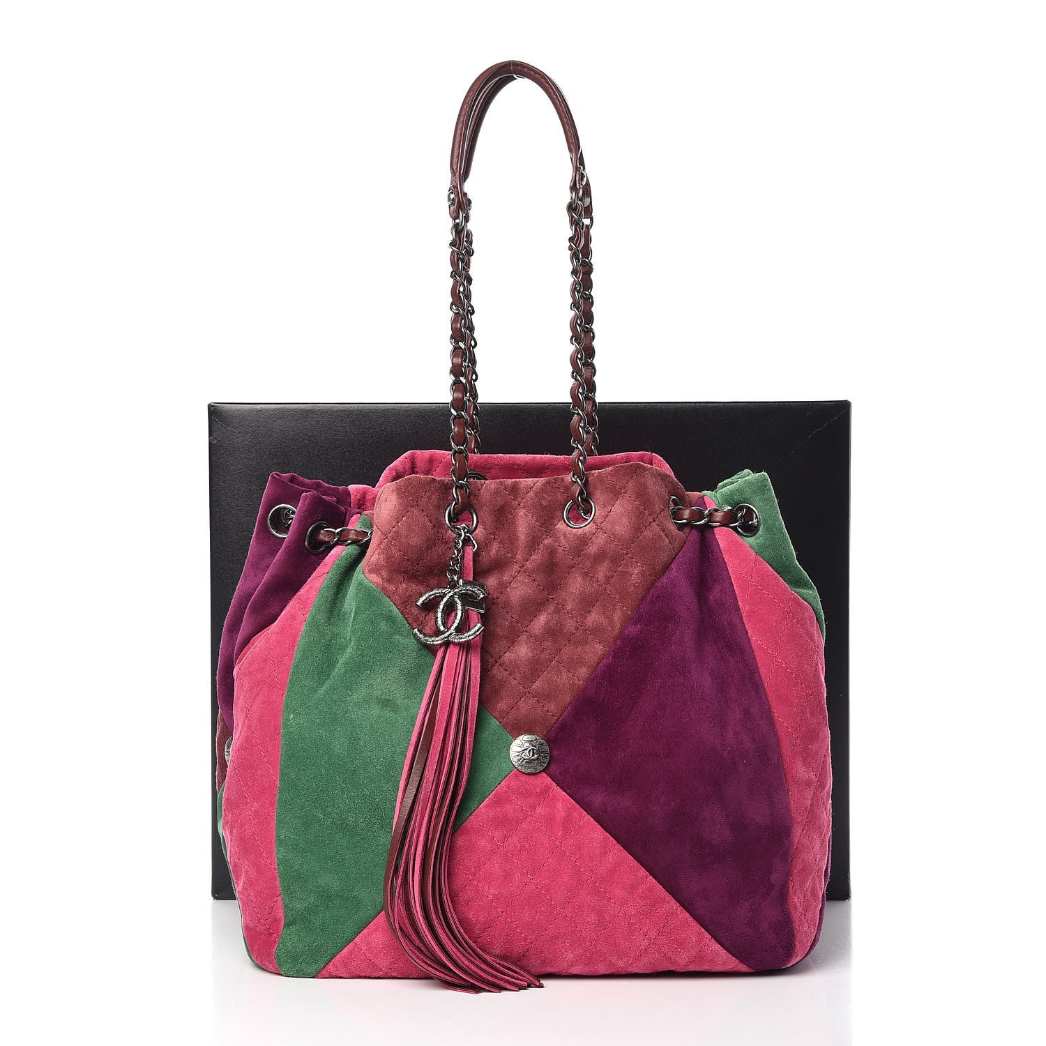 Chanel Suede Quilted Patchwork Drawstring Bag Green Pink Purple Burgundy 17 of 17