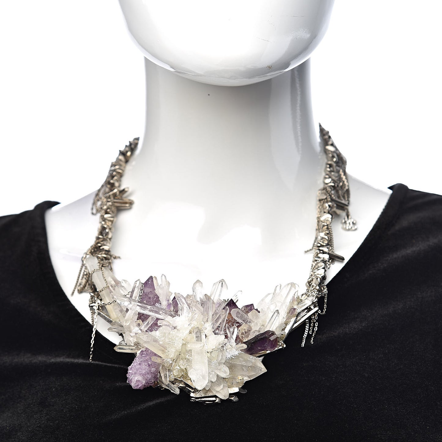 Quartz Amethyst Crystal Poured Glass CC Chain Necklace Silver Purple
