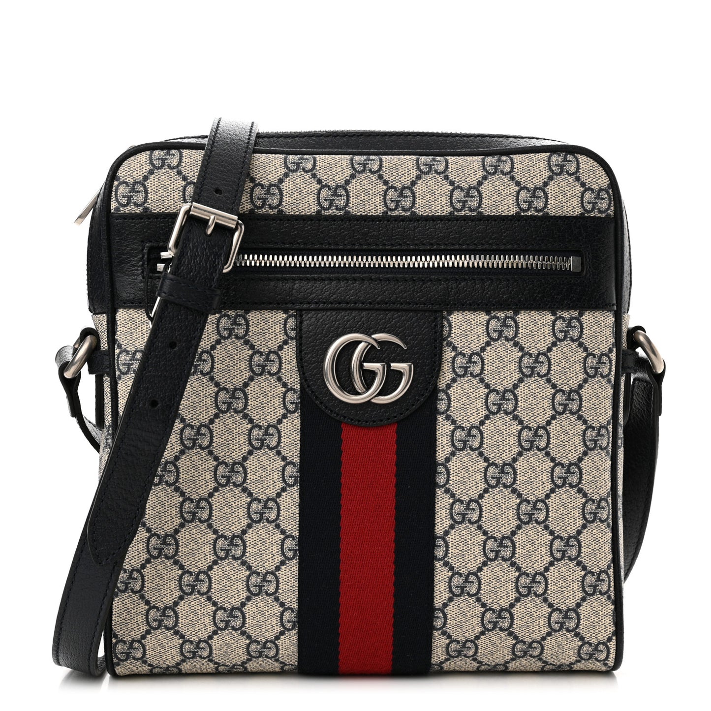 GG Supreme Monogram Textured Dollar Calfskin Web Small Ophidia Messenger Bag Beige Blue