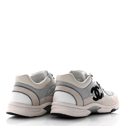 Chanel Mesh Suede Calfskin Grained Calfskin Mens CC Sneakers 45 Gray White 3 of 18